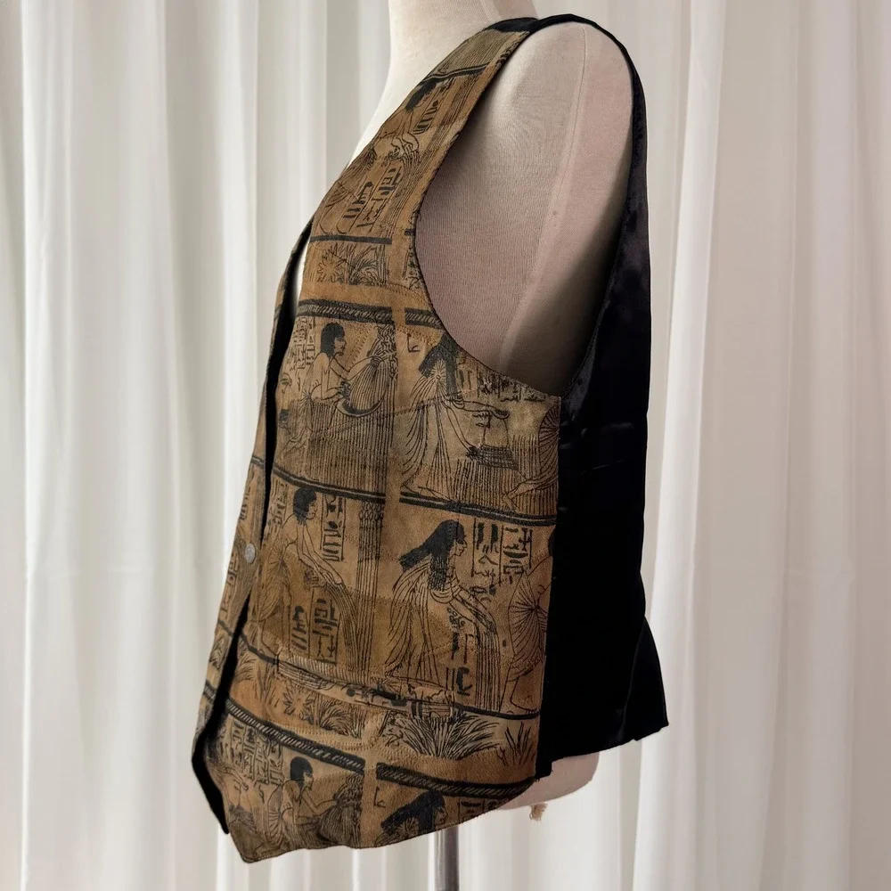 Vintage‎ Leather Vest Egyptian Hieroglyph Print Brown Black 90s Unisex Large